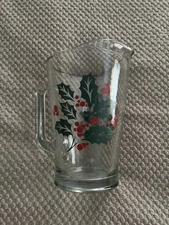 Vintage Crisa Glass Pitcher Holly & Berry 8 1/2" Mexico