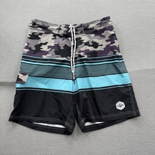 Spicy Tuna Swim Shorts Mens Medium Black Camo Stripe Trunks Mesh UnLined Beach