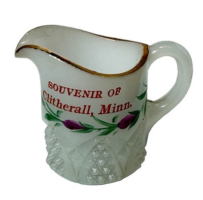 CLITHERALL MINNESOTA MN Antique DEPRESSION WHITE MILK Glass Souvenir Creamer