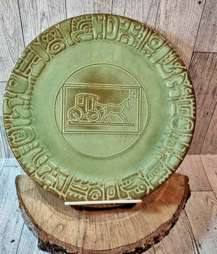 Vintage 1942 Frankoma Mayan-Aztec plate w/ Horse & Carriage in Prairie Green