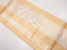 7596243: JAPANESE KIMONO / ANTIQUE FUKURO OBI / SILK / WOVEN CRANE  FLOWER
