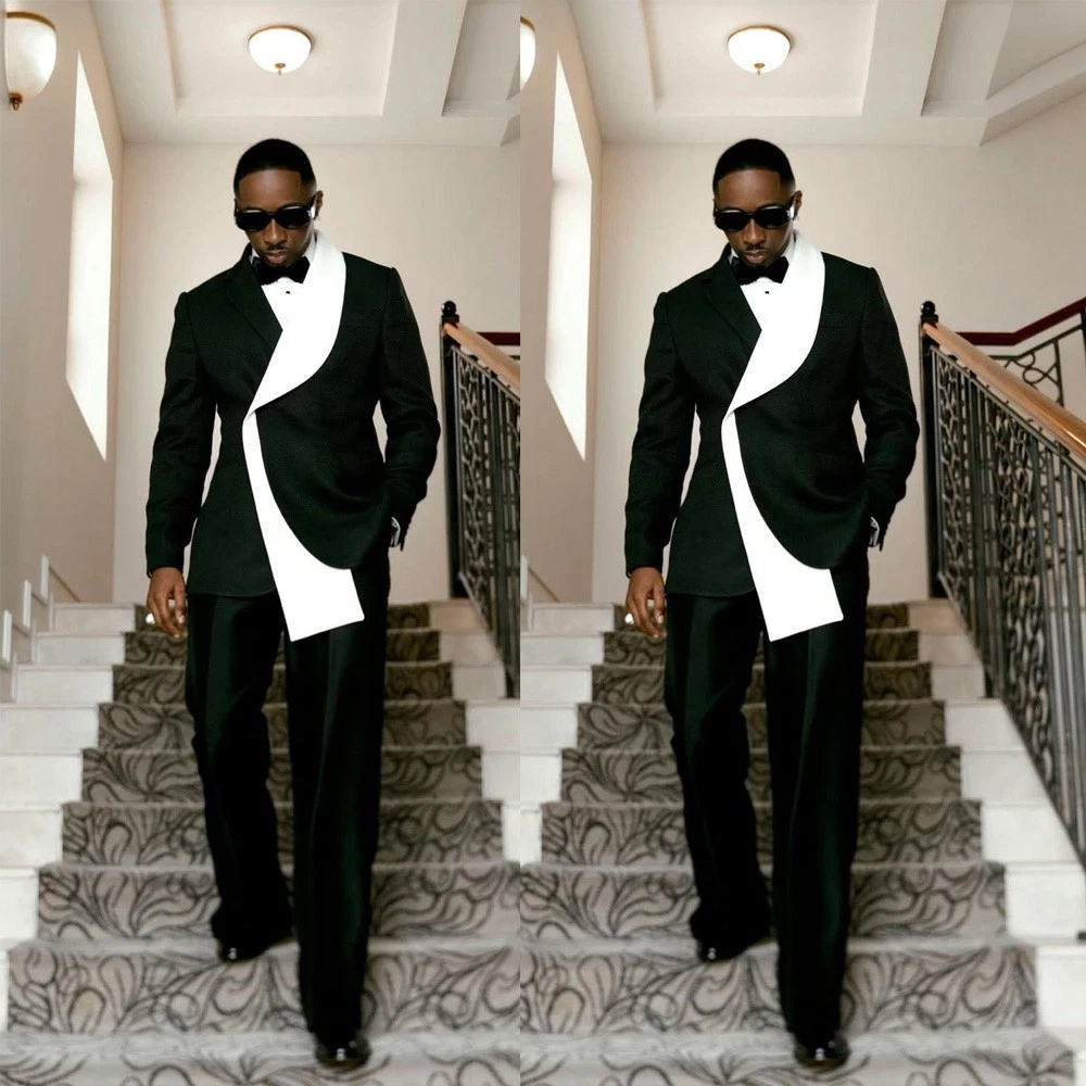 Splicing Men's Suits Black & White Formal Wedding Tuxedos Party Prom Blazer Pant