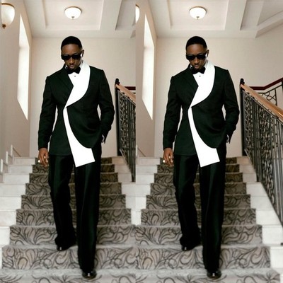 Splicing Men's Suits Black & White Formal Wedding Tuxedos Party Prom Blazer Pant