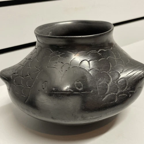Mata Ortiz Pottery Black on Black Vase - Happy Fish - Signed