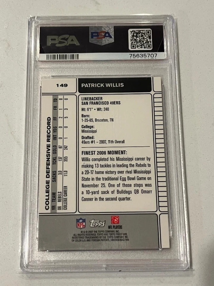 2007 Topps Finest PATRICK WILLIS #149 Signed Auto PSA DNA RC San Francisco 49ers - Image 2 of 2