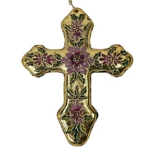 Vtg Cloisonné Cross Ornament Enamel Floral Gold Tone Pink 4.5”x5.5" Religious
