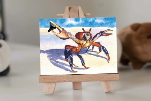 ACEO original, crab painting, "Shark Tooth Disco", genuine shark tooth attached