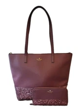 Kate Spade New York Penny Greta Court Tote Bag Wallet Set Glitter Glam Burgundy