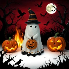 8in Halloween Ghost Pumpkin Bat Statue – Cute Resin Desktop Haunted House Decor