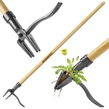 WORKPRO Weed Puller Tool 44" Bamboo Handle Heavy-Duty 4Claw Head Stand-Up Weeder