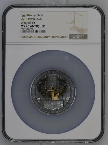 Egyptian Symbols Winged Isis 2016 Palau $20 Silver Coin NGC MS 70 ANTIQUED