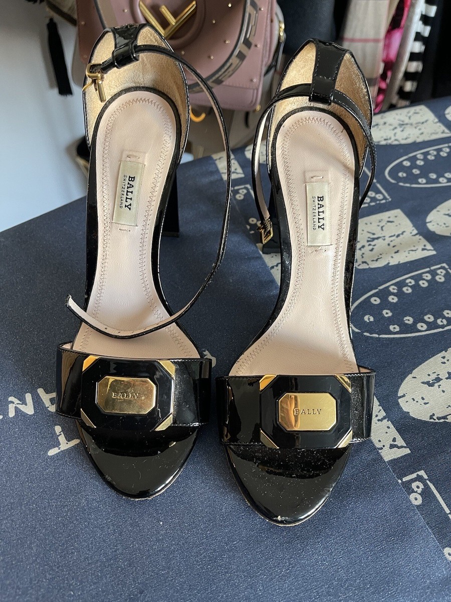 Bally Heels Patent Black Leather With Gold Buckle Size UK BRAND NEW