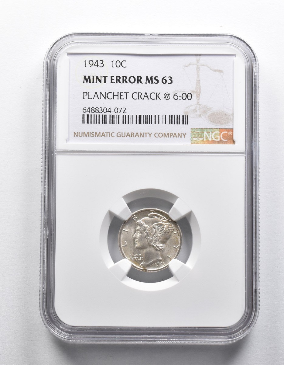 Mint Error MS63 1943 Mercury Dime Planchet Crack @6:00 NGC *1892