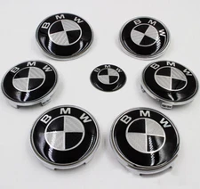 7X Black White HubCaps Steering Wheel Emblem Badge Set 82mm 74mm 68mm For B-M-W