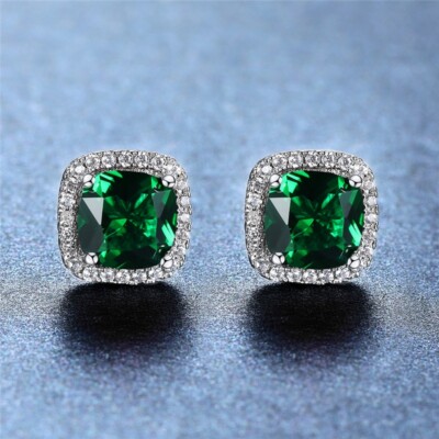 Men Women Sterling Silver  Plated Cubic Zirconia Square Stud Earrings E36