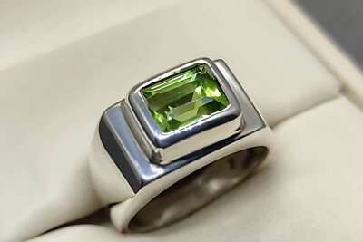 Natürlicher Smaragdschliff Kohistanischer grüner Peridot 925 Silber Handarbeit Herren schlichter Ring