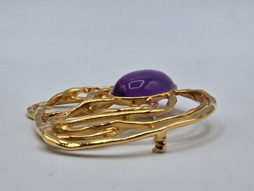 Vintage Avon Golden Web Earrings & Brooch Set W/ Faux Amethyst Cabochon Abstract - Picture 6 of 10