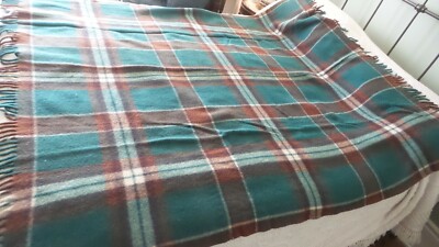 Vintage WOOL PLAID STADIUM, LAP BLANKET Brown,Green,White,Fringed 58''x66''