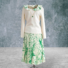ADOLFO Vintage 2pc Knit Sweater  Pleated Skirt Set White/Green Polka Dot Sz S