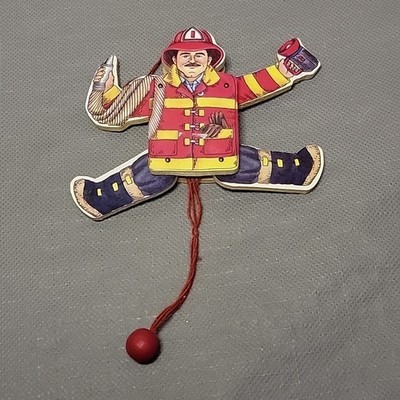 Vtg Fireman Jumping Jack Pull String Double Sided Wooden Ornament