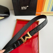 Montblanc Black Leather Belt with Gold Buckle   3.5cmx95cm