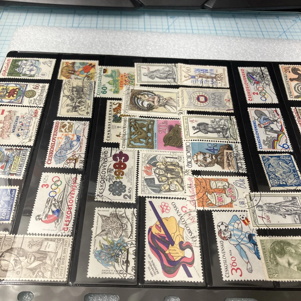 65+ Vtg USED Czechoslovakia 1955-1985 Colorful Stamps, on Plastic Stamp Sheet. - Image 4 of 4