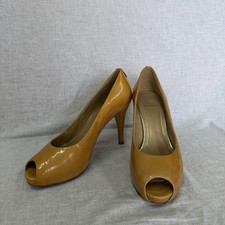 Vintage Stuart Weitzman Yellow Patent Leather Peep Toe Platform Pumps Heels