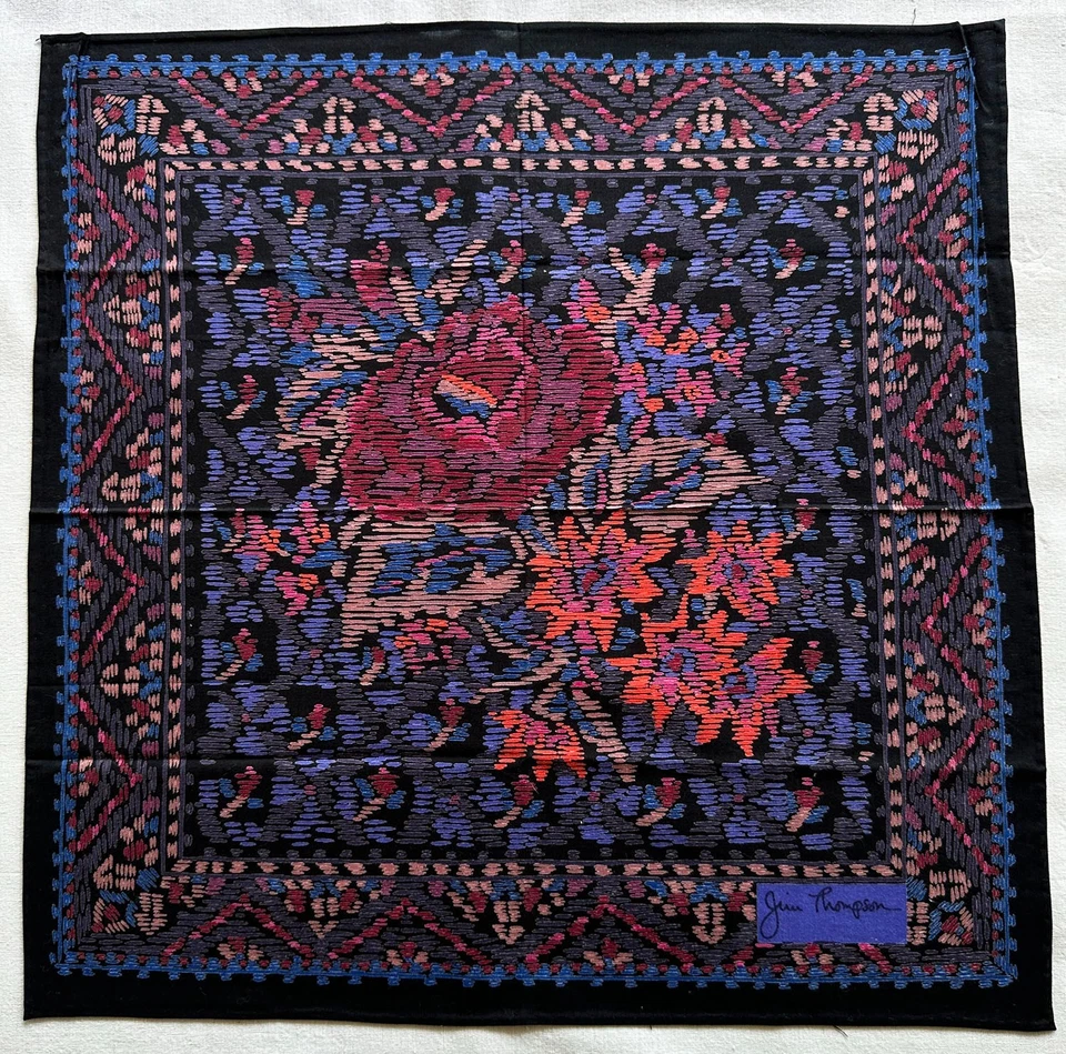 Lenço Vintage Preto Algodão Arte Floral Abstrata Bolso Tribal Quadrado 16" - Imagem 2 de 3