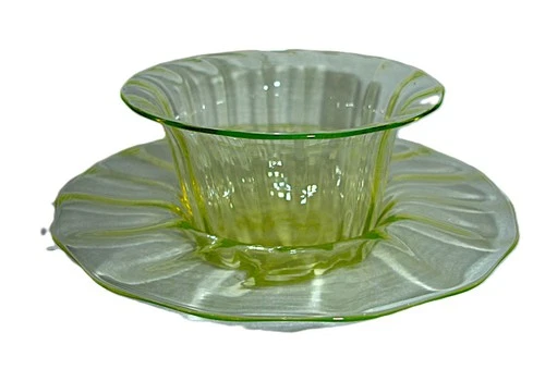 Canary Vaseline Blown Glass Finger Bowl and Under Plate Possibly Steuben Libbey?