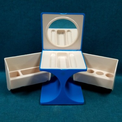 Vintage 60s Blue & Cream Compact Fold Out Vanity Box W/Mirror & Storage