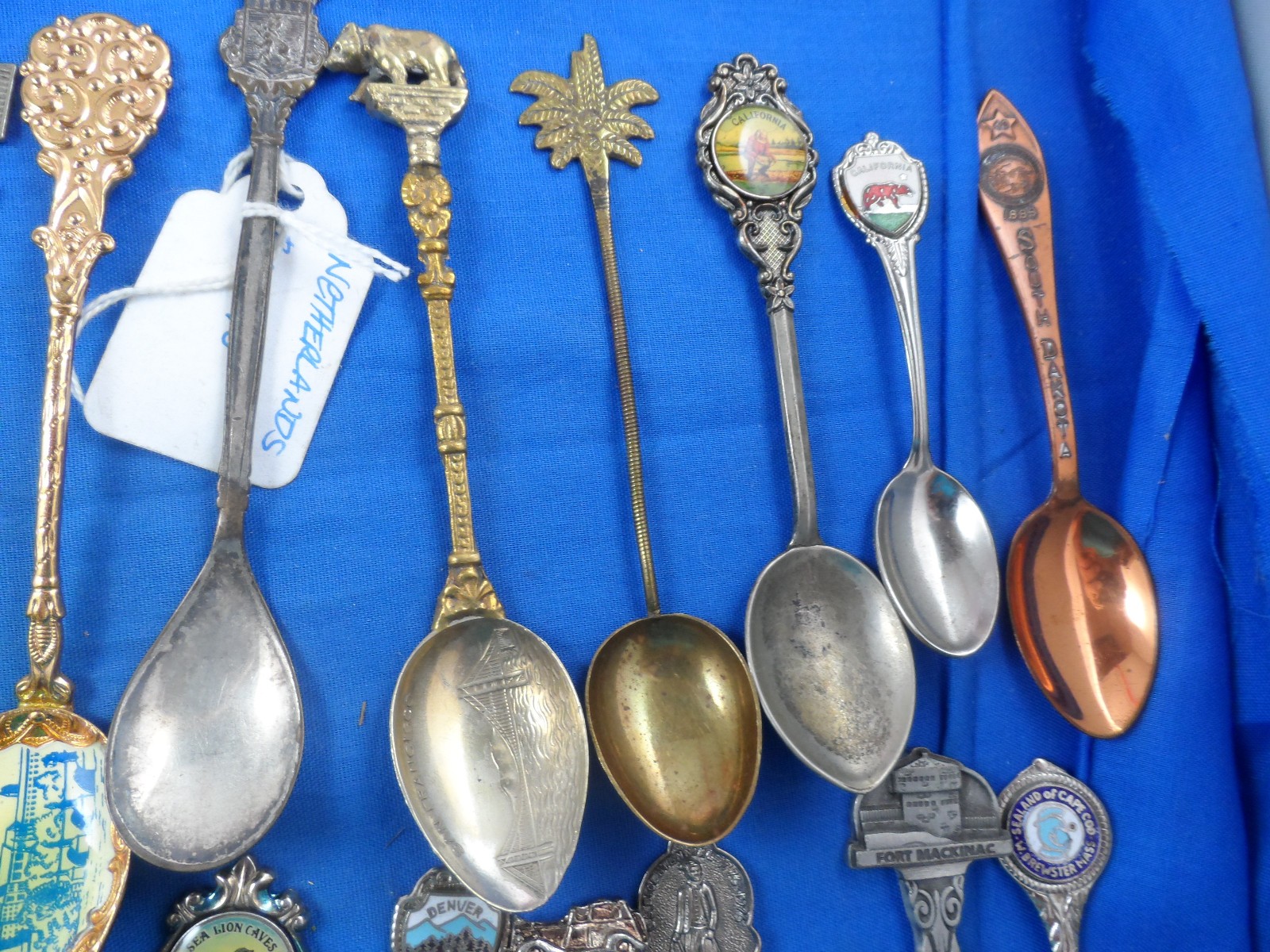 Fresh Souvenir Spoon Lot of 28 -Enamel Bowl, Silverplate, Pewter, Copper, Nice