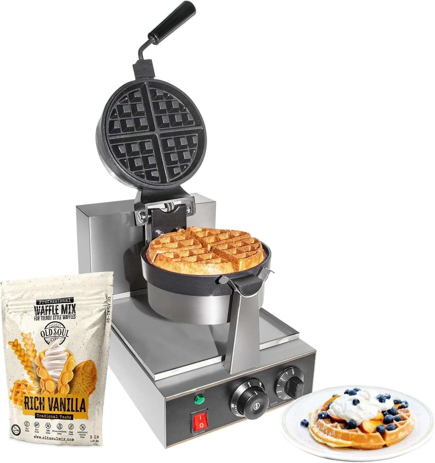 Professional Belgian Waffle Maker - Thick, Rotating, Stainless Steel 110V