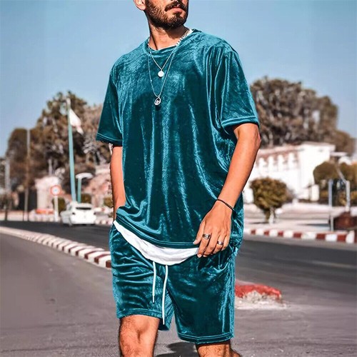 Mens Outfit 2-Piece Set Short Sleeve Velvet T-Shirts and Shorts Sweatsuit Set - Picture 6 of 11
