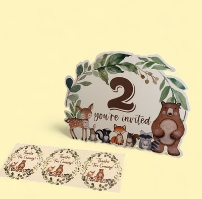 Greenery Woodland Animal 2nd Birthday Party Invitations w/ Stickers 15ct  VC551