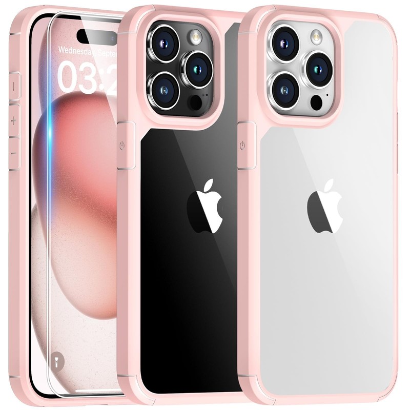 TAURI for iPhone 15 Pro Max Case, with Screen Protectors pink