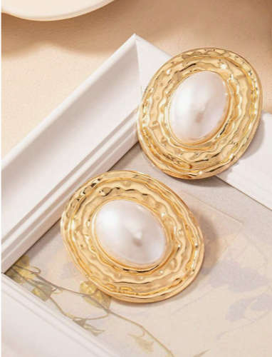 Large Pearl Stud Earrings Big Pearl Earrings Gold Metal Bridal Wedding Jewelry - Picture 7 of 10