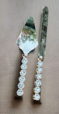Wedding Cake Knife Server Set Silver Plated Crystal Clear Faux Diamonds Jewels