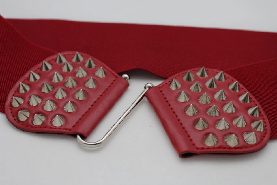 Nuevo Mujeres Moda Plateado Metal Picos Cinturón Cadera Cintura Alta Rojo Elástico Plus M L XL Foto 3 de 4