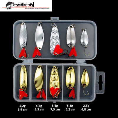 10 tlg. Blinker / Spoon Raubfisch Set in Box, 2,5 - 8,5g Gold und Silber