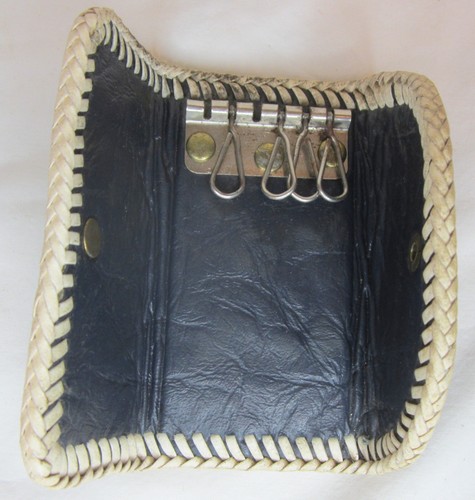 Navy Blue Leather 4 Clip Keychain Wallet Snap Closure White Leather Stitching - Picture 2 of 2