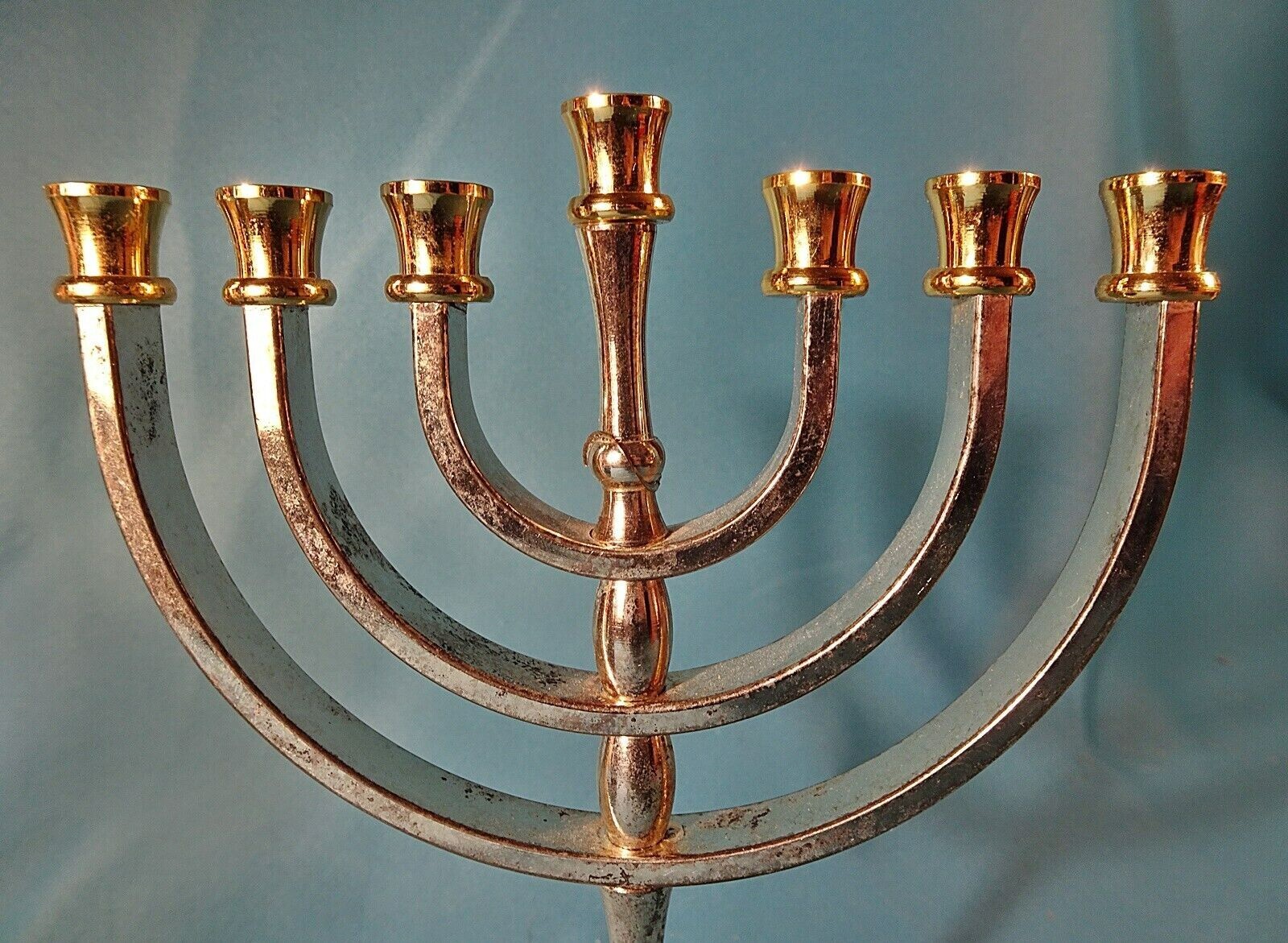 Menorah 7 armiger Kerzenständer Karshi Gold + Silber Plate Jerusalem