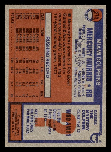 1976 Topps Mercury Morris #315 EX-MT Miami Dolphins - Bild 2 von 2