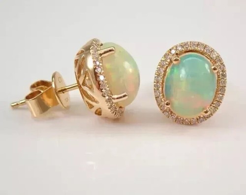 Aretes con halo de ópalo de fuego natural de 4 quilates de corte ovalado para mujer enchapados en oro amarillo de 14 quilates - Imagen 6 de 6