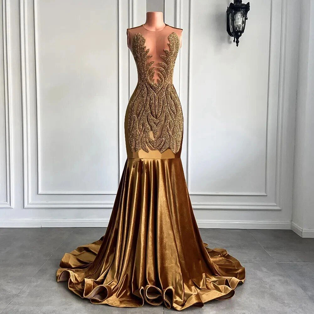 Long Gold Prom Dresses Luxury Sparkly Diamond Velvet Girl Prom