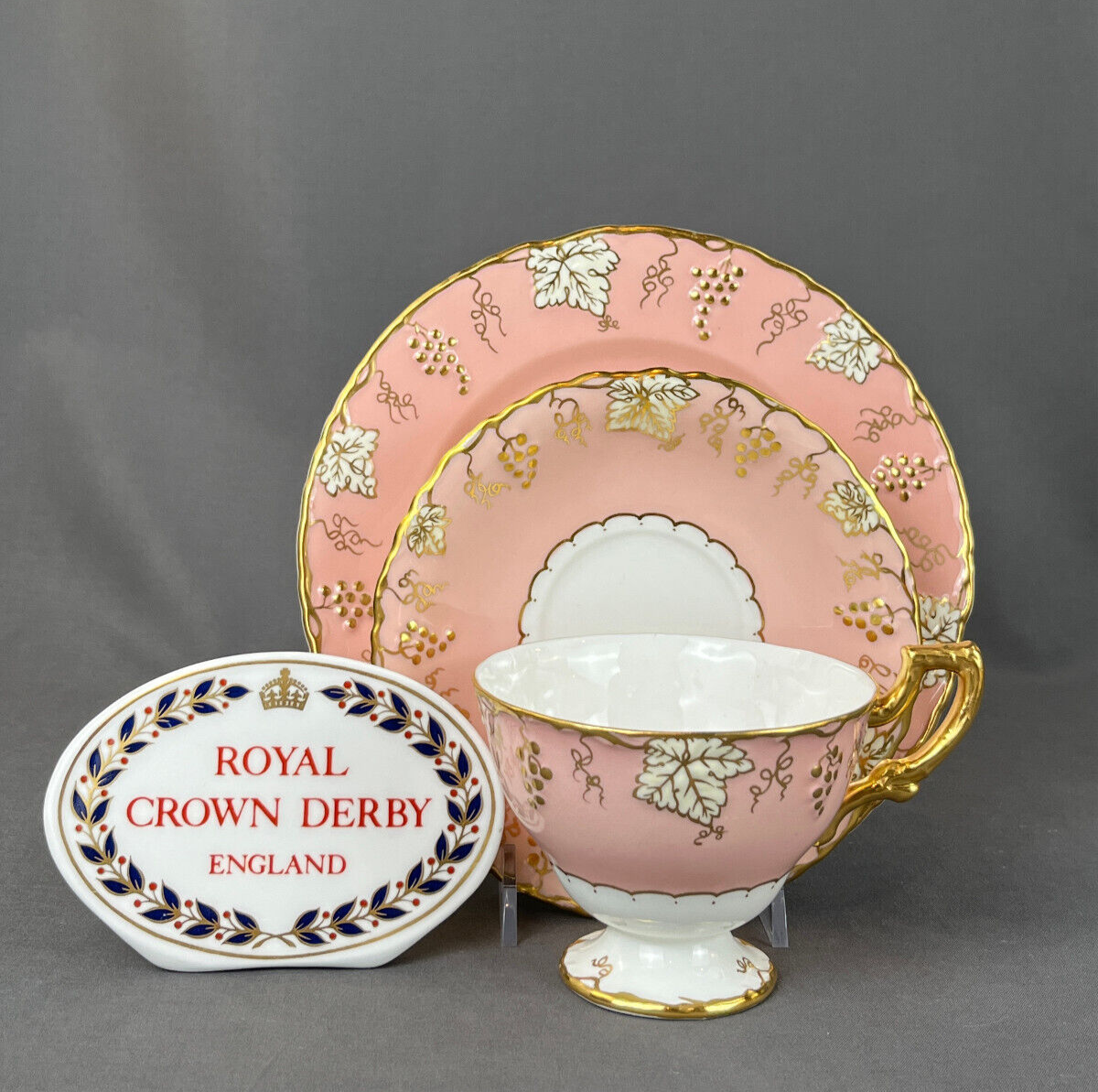 Royal Crown Derby VINE SALMON (Pink) A767 Trio Set Dessert Plate +