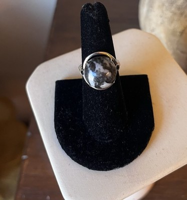 VTG Modernist UTC Sterling Silver 925 Round Cabochon Snowflake Obsidian Ring 7