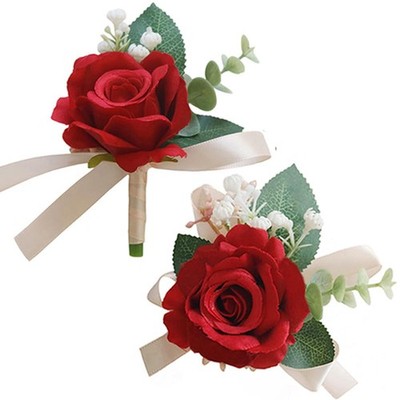 2 PCS Wrist Corsage Boutonniere Set Artificial Rose Flowers Wedding Red