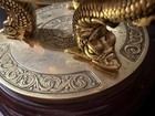 Vintage Ram Head Zodiac Globe Desk Clock Brass Tone Rotating Orb Wood Base — photo 2