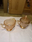 Jeanette Iris & Herringbone Carnival Glass Iridescent Marigold Cream /Sugar 3 pc