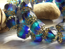 8 - 8mm CZECH AQUA MARINE SAPPHIRE BLUE FACETED CATHEDRALS GOLD ENDS GLASS BEAD